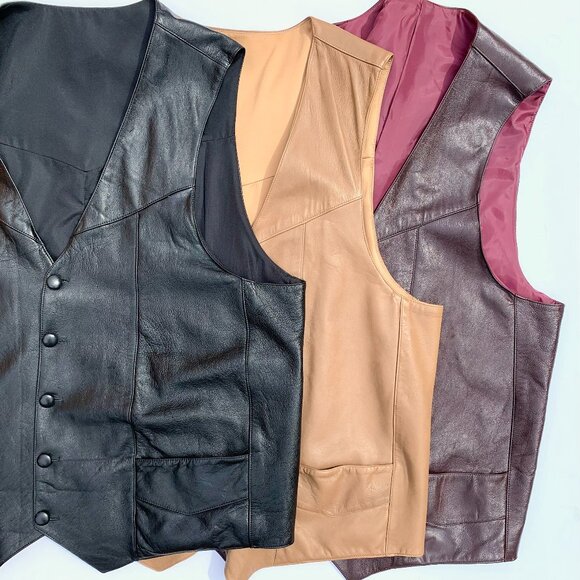 Men’s Custom Tan Leather Vest w/Front Pockets & Buttons, XXL - Picture 6 of 7